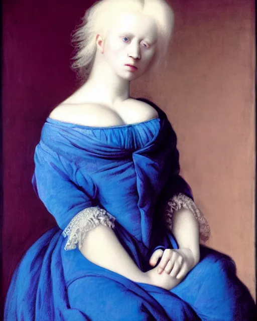 Image similar to photo-realistic portrait of an albino woman with pink hair, wearing a neon blue dress by Vivienne Westwood, intricate details, masterpiece, in the style of Jean Auguste Dominique Ingres, black background