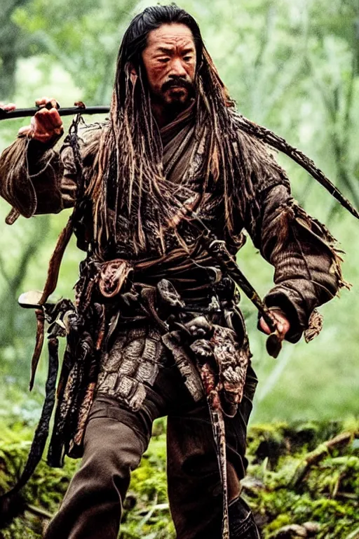 Image similar to predator film shot in feudal japan staring hiroyuki sanada as a disgraced ronin, who hunts down the predator after he fails to protect his master from it