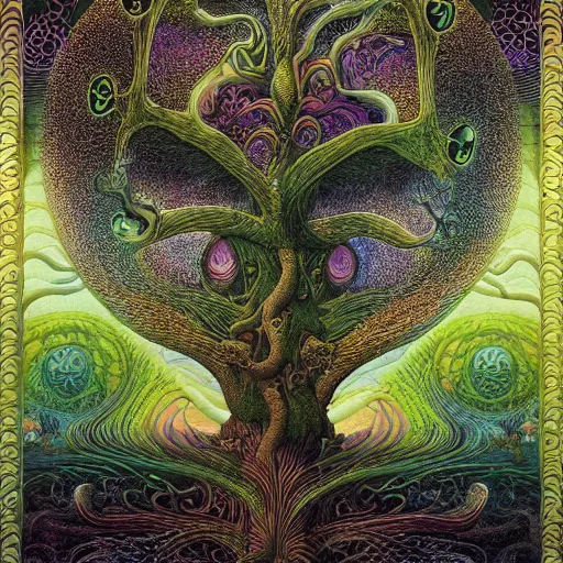 Prompt: sacred mulberry tree by roger dean and andrew ferez, art forms of nature by ernst haeckel, divine chaos engine, tree of life, symbolist, visionary, art nouveau, botanical fractal structures, lightning, surreality, lichtenberg figure