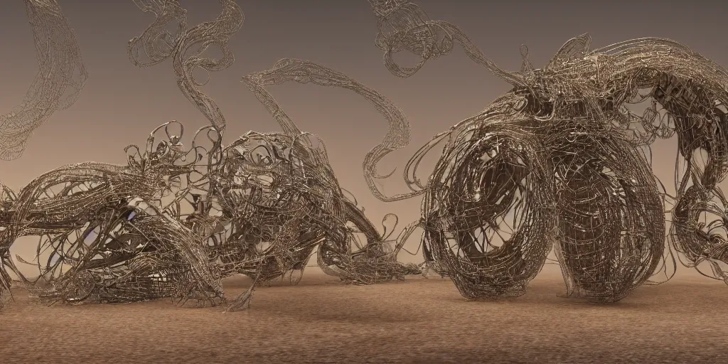 Image similar to A George Miller film, an ornate real characters made out of intricate metallic filament webs with cutaways to see into the Endocrine system built out of dust and light, floating in the desert night, hyper-realism, very detailed feel, rendered in Octane, tiny points of light, caustic, 4k, beautiful lighting, foggy