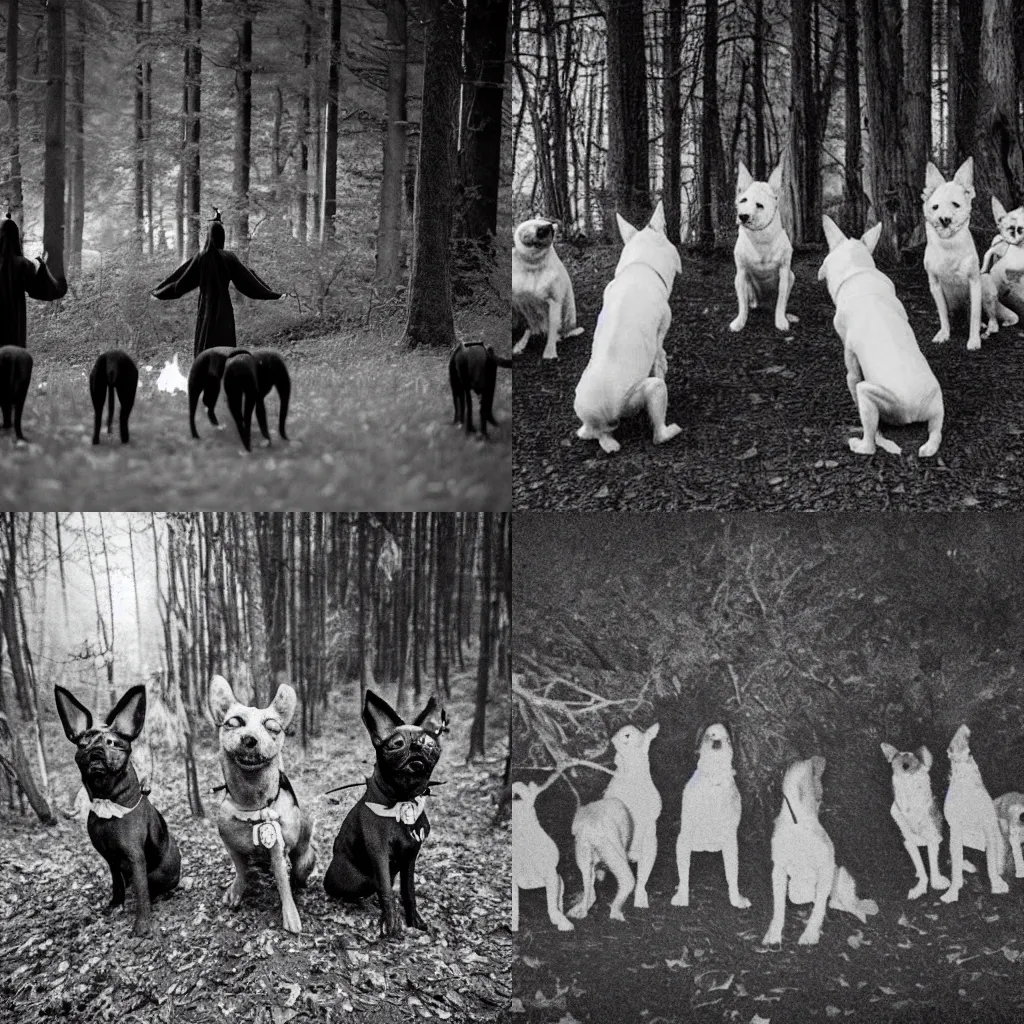 Prompt: a creepy, horrifying, grainy photograph of dogs on their hind legs wearing robes performing an evil ritual in the woods at night. black and white, distorted, creepy, horror, vvitch, fire