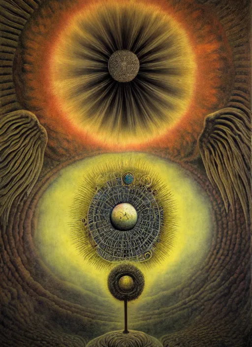 Image similar to antediluvian occult cosmology, panspermia, by remedios varo and daniel arsham and robert hooke and ernst haeckel and agostino arrivabene and joaquin sorolla and martin johnson heade, rule of thirds, vivid colours, negative space, atmospheric, digital painting, artstation, concept art, smooth, sharp focus