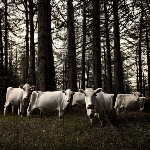 Image similar to DLSR photograph of several cows looking at the camera, in creepy forest, night-time, low lighting, eyes glinting