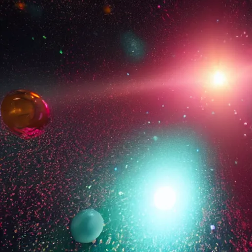 Image similar to glitter in space, raytracing, unreal engine tech demo, 5 5 mm