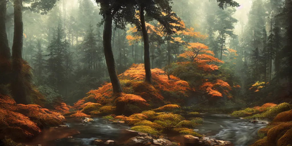 Image similar to A highly detailed matte oil painting of a forest by Mokoto Shinkai, hyperrealistic, breathtaking, beautiful composition, by Artgerm, by beeple, by Studio Ghibli, volumetric lighting, octane render, 4K resolution, trending on artstation