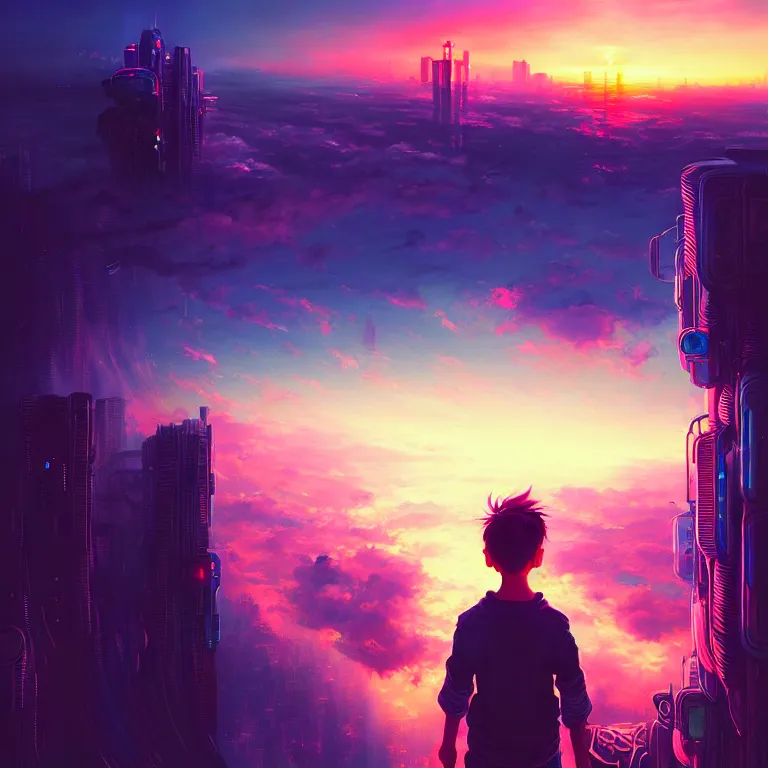 Image similar to a painting of a boy on top of a building watching a colorful sunrise futuristic city surrounded by clouds, cyberpunk art by yoshitaka amano and alena aenami, cg society contest winner, retrofuturism, matte painting, apocalypse landscape, cityscape