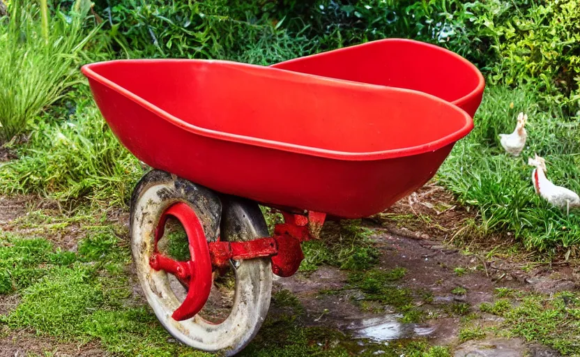 Image similar to a red wheel barrow glazed with rainwater besides the white chickens.