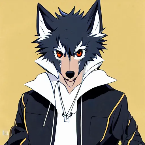 Image similar to key anime visual portrait of an anthropomorphic anthro wolf fursona, in a jacket, with handsome eyes, official modern anime art