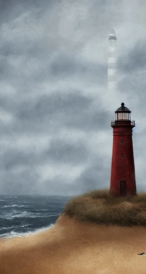 Image similar to wide - shot of lighthouse on the sand seashore, waves, misty background, from the game pathologic 2, highly detailed, sharp focus, matte painting, by isaac levitan and asher brown durand,