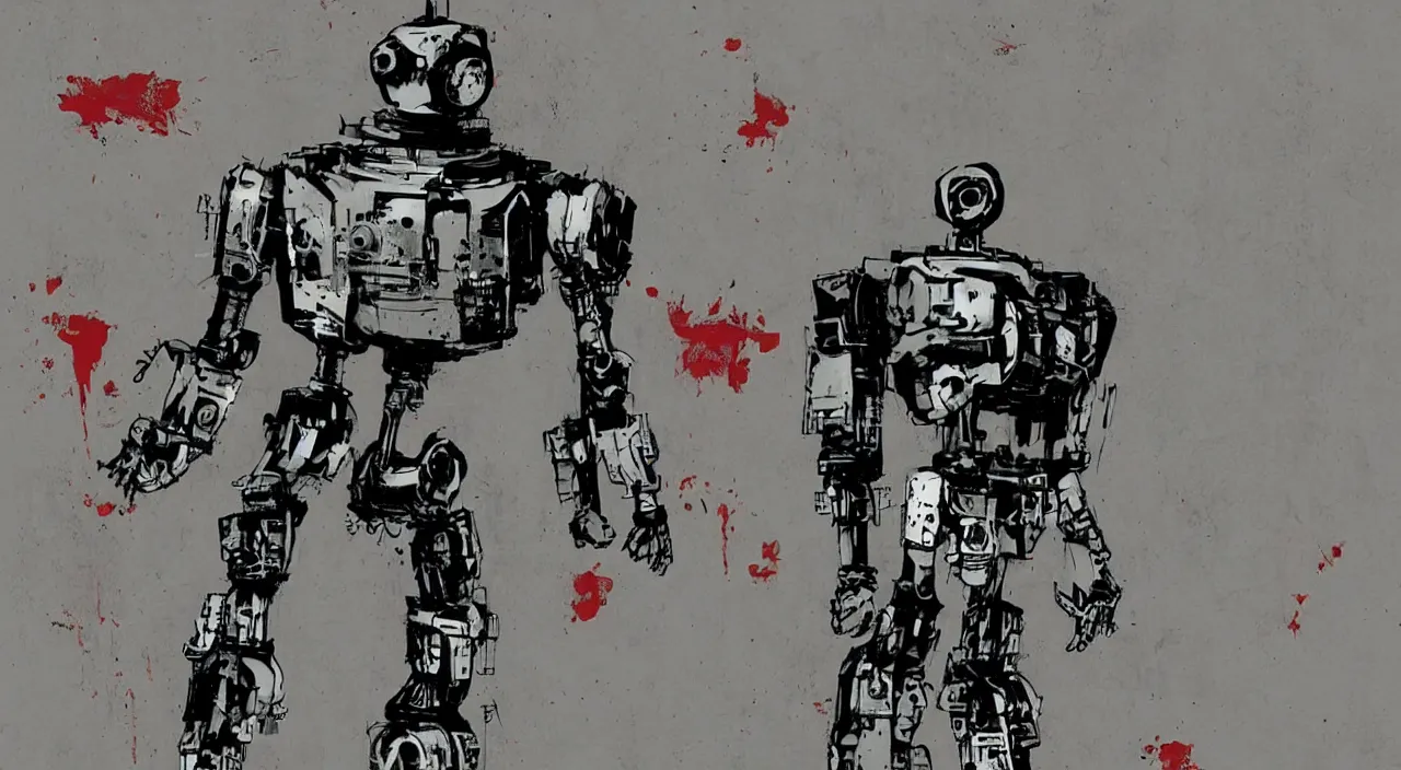 Image similar to grunge robot with decals by ashley wood