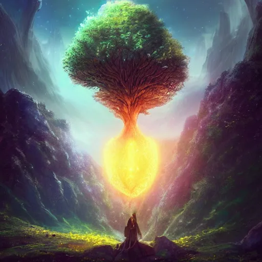 Image similar to a beautiful scenary of a fantasy world below a legendary yggdrasil tree with the background of a milky way, artstationHD, digital painting, hyper detail, elegant, cinematic, epic lighting, very very very very beautiful scenery, smooth, sharp focus