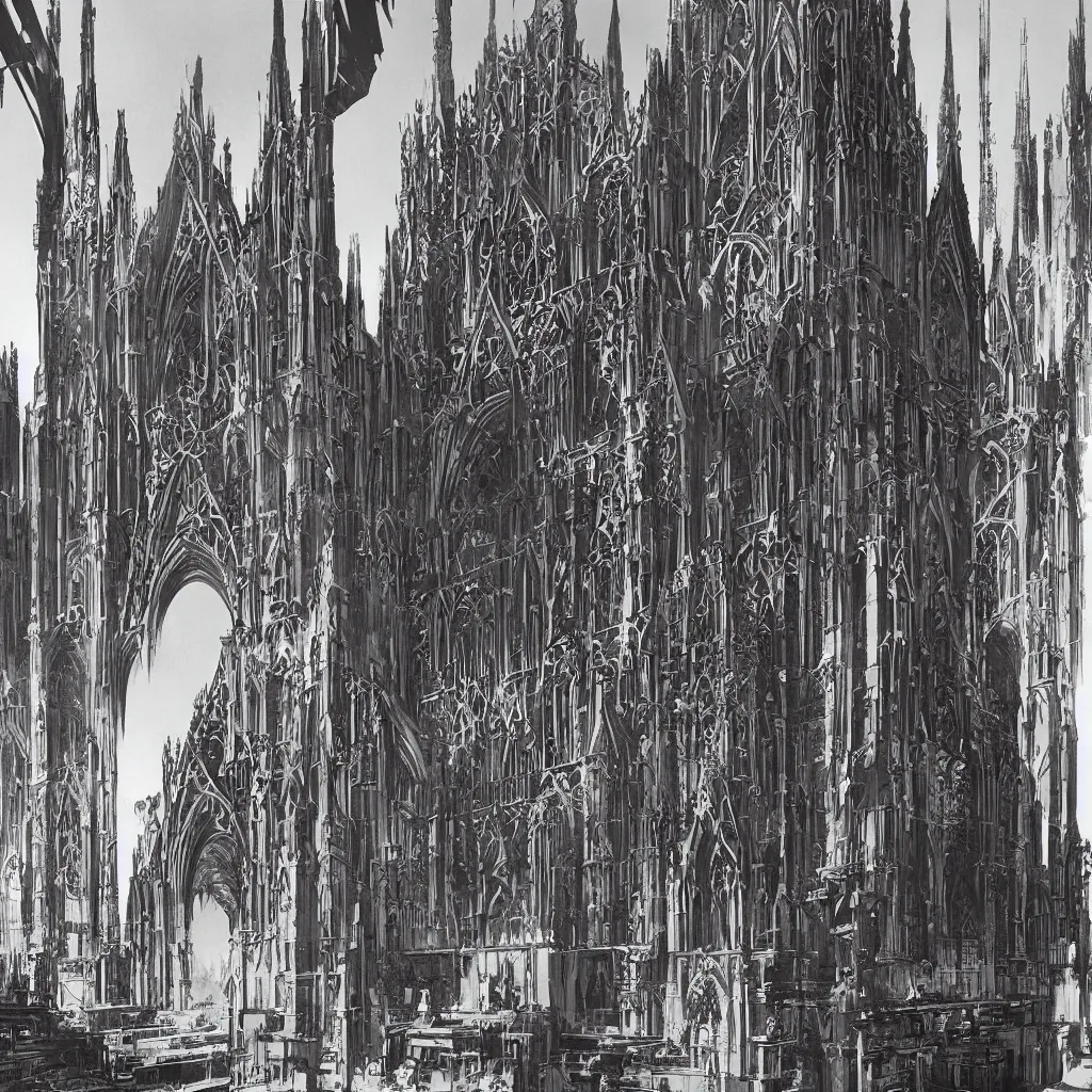 Image similar to gothic cathedral world of cyberpunk architecture by syd mead