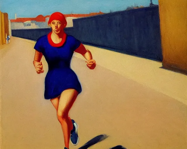 Image similar to blond lady with red and blue sneakers running through israel, running by salsa vendor, oil on canvas by edward hopper