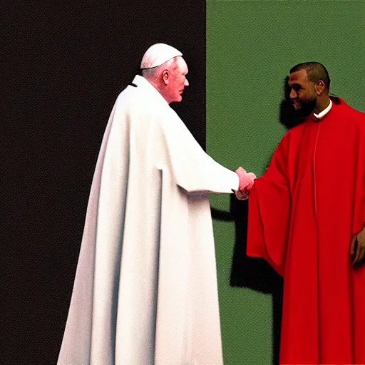 Image similar to a religious painting of john paul ii shaking hands with kanye west