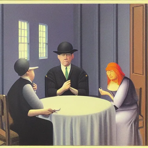 Prompt: A seance, by Raphael Hopper, and Rene Magritte. Extremely Highly detailed, Occult, funny, humorous, humor, hilarious, funny, entertaining, magical, trending on artstationHQ