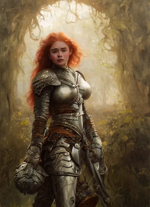 Prompt: short muscular redheaded woman wearing realistic medieval armour, young emilia clarke face paint orchids detailed by gaston bussiere, bayard wu, greg rutkowski, giger, maxim verehin, greg rutkowski, masterpiece, sharp focus, cinematic lightning