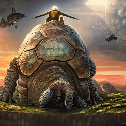 Image similar to giant tortoise with a large fantasy castle rising from the top of it, distant shot birds eye view, fantasy, hyper detailed, 4 k, howls moving castle, mortal engines, kaiju,