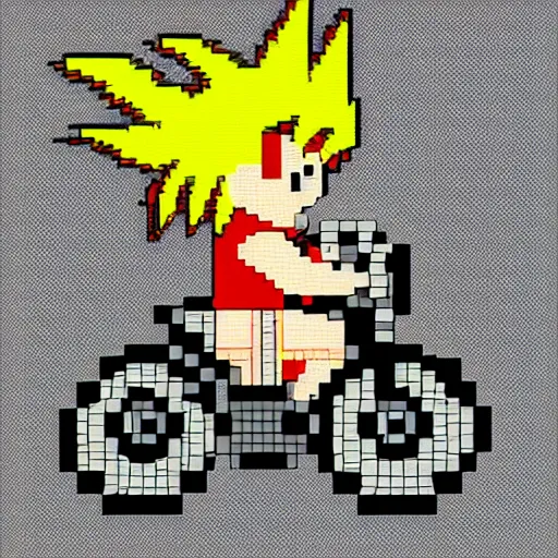 Image similar to pixel art of goku riding a bike