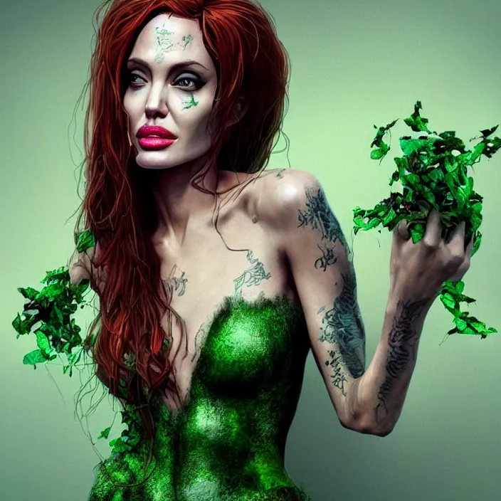 Image similar to portrait of Angelina Jolie as Poison Ivy. intricate abstract. intricate artwork. by Tooth Wu, wlop, beeple, dan mumford. octane render, trending on artstation, greg rutkowski very coherent symmetrical artwork. cinematic, hyper realism, high detail, octane render, 8k, iridescent accents