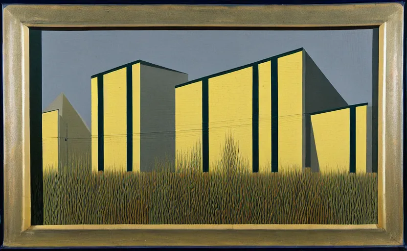 Image similar to geometric painting of industrial buildings surrounded by undergrowth by clarence holbrook carter