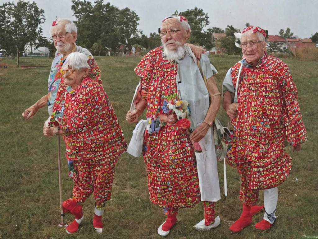 Prompt: a martin parr photo of a grandpa couple, wearing codex seraphinianus costumes