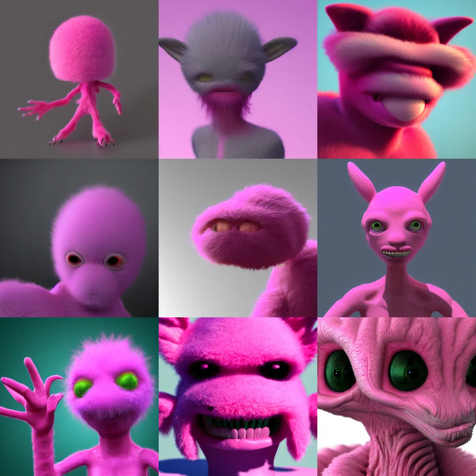 Prompt: fuzzy pink alien, photorealistic 3D render