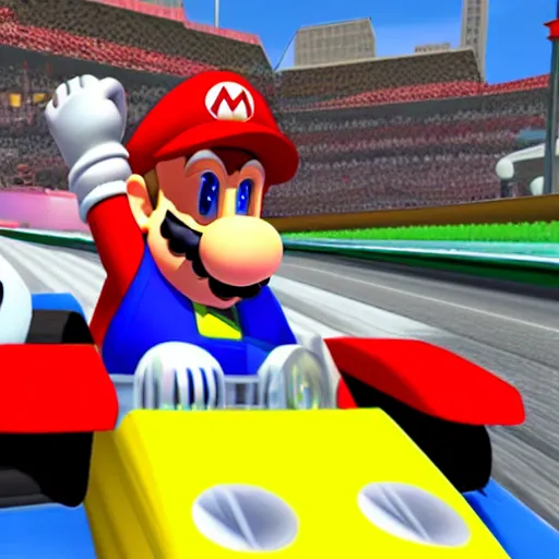 Prompt: Bernie Sanders playing Mario Kart, game screenshot