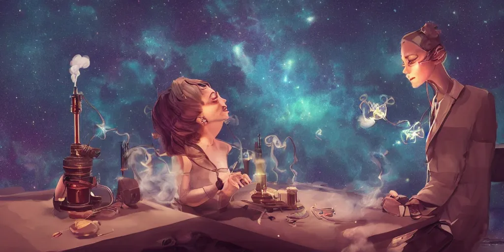 Image similar to digital art, trending on artstation, androids smoking hookahs while looking at the sky full of stars