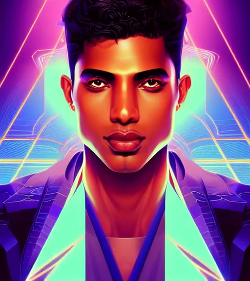 Image similar to symmetry!! egyptian prince of technology, solid cube of light, hard edges, product render retro - futuristic poster scifi, lasers and neon circuits, brown skin man egyptian prince, intricate, elegant, highly detailed, digital painting, artstation, concept art, smooth, sharp focus, illustration, dreamlike, art by artgerm