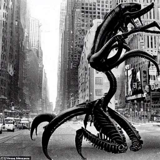 Image similar to old black and white photo, 1 9 1 3, depicting a xenomorph from the movie aliens rampaging through the bustling streets of new york city, historical record