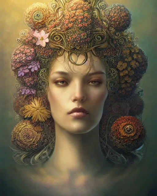 Image similar to centered beautiful detailed front view portrait of a woman with ornate growing around, ornamentation, flowers, elegant, beautifully soft lit, golden ratio, full frame, by wayne barlowe, peter mohrbacher, kelly mckernan,