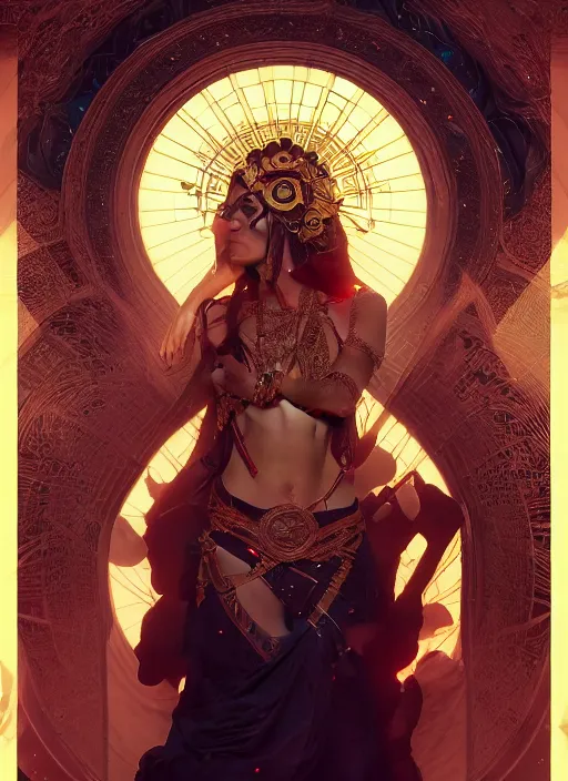 Image similar to Divine cosmic female power, glyphs, magic, artstation, high contrast, dramatic lighting, cgsociety, very detailed, intricate, detailed illustration, by artgerm and greg rutkowski and alphonse mucha, octane render, unreal engine, hyperrealism