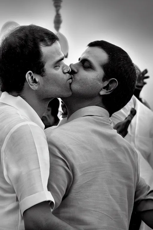 Image similar to narendra modi kissing rahul gandhi, closeup, india, detailed, photography alexey kurylev, cinematic