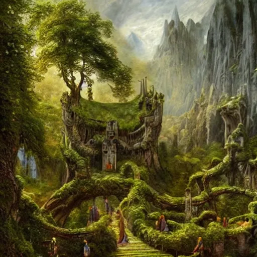 Prompt: a beautiful and highly detailed epic oil painting of an elven palace in the mountains, lush valley, beautiful trees, tangled rune vines, ancient stone runes, intricate details, epic scale, insanely complex, 8 k, sharp focus, hyperrealism, fantasy landscape, psychedelic, by caspar friedrich, brian froud, albert bierstadt,