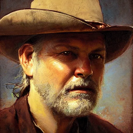 Image similar to Solomon Joseph Solomon and Richard Schmid and Jeremy Lipking victorian genre painting portrait painting of David Gilmour a rugged cowboy gunfighter old west character in fantasy costume, rust background