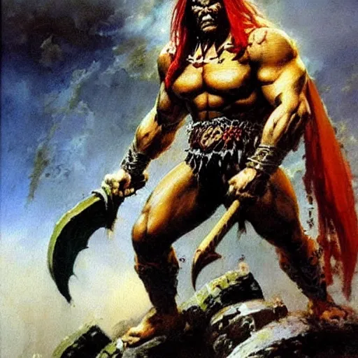 Image similar to barbarian necromancer in heroic pose,dnd, mtg,very detailed painting by Frank Frazetta