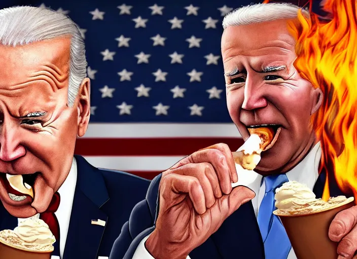 Prompt: cinematic artwork close up of joe biden eating an ice cream with the whitehouse on fire behind him beautiful artwork by rutowski, realistic, 4 k, masterpiece