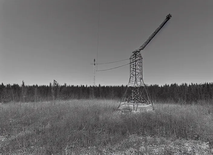 Image similar to black and white photograph with a realistic high - resolution wide - angle lens of the soviet duga - 3 antenna at chernobyl.