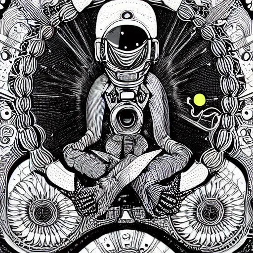 Prompt: meditating astronaut, psychedelic illustration by Aaron Horkey, photorealism, intricate, line-drawing, black ink on white paper
