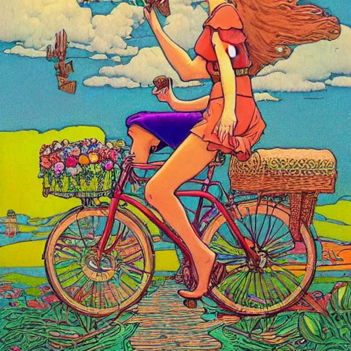 Image similar to hoffman bicycle trip, blotter art, in the style of robert crumb and lisa frank, studio ghibli, mucha, art nuevo, art deco, beautiful nature, serenity, cartoon, realistic, photograph, trending on artstation, vivid, surreal, beautiful, loving athmosphere