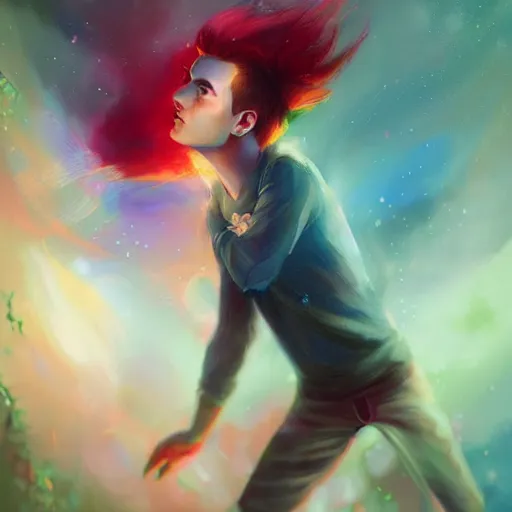 Image similar to colorful and Festive Captivating Fairy teenager boy with red hair, atmospheric lighting, painted, intricate, highly detailed by Charlie Bowater