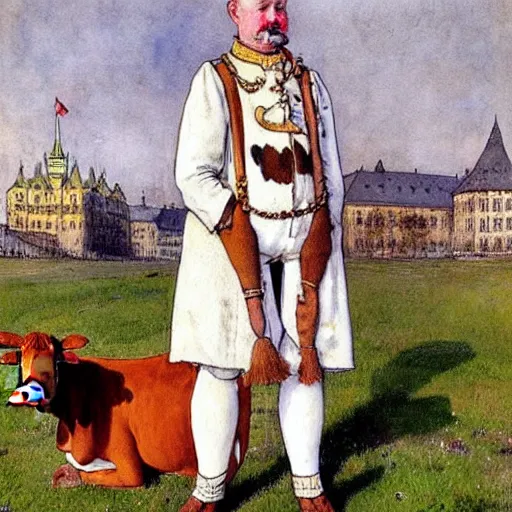 Image similar to painting by carl larsson, cow, dressed, anthropomorphic!!, wearing!!! clothes!!!, standing next to royal castle!!!