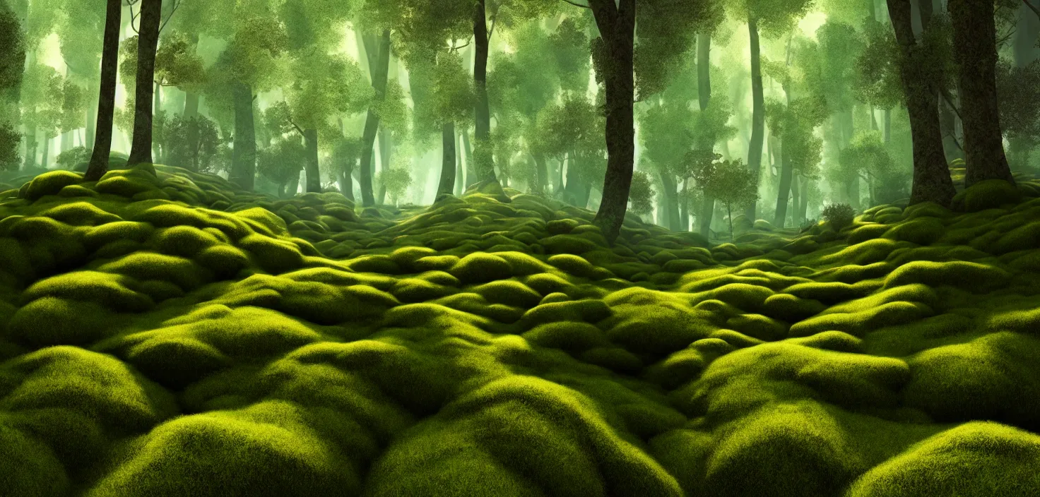 Image similar to random forest landscape, moss, incredible, vector art, octane render, fabulous, hyper detailed, random cinematic view, no noise, global illumination, warm lighting, volumetric, godrays, vivid, beautiful, by brian miller