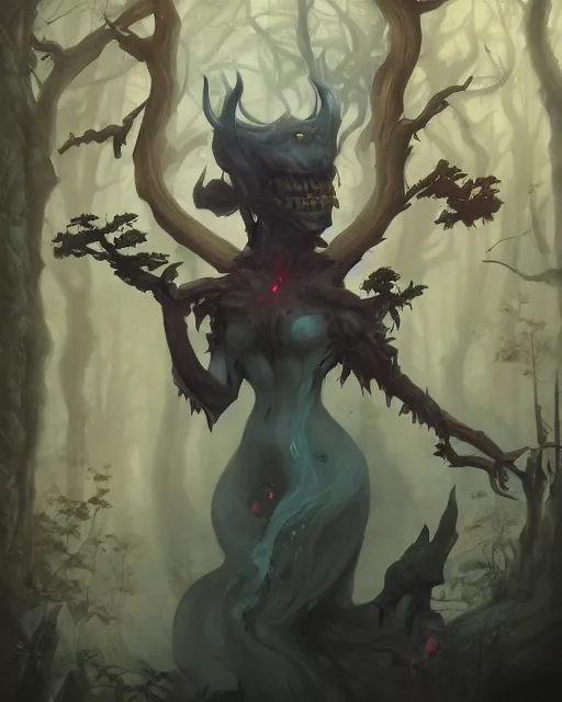 Image similar to portrait of a demon in a haunted forest by peter mohrbacher. photographic, photography. trending on artstation