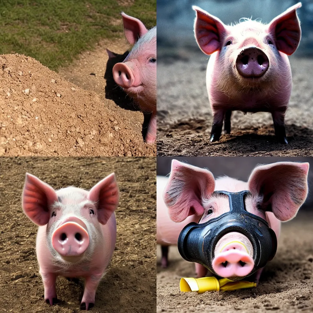 Prompt: a cute pig wearing a gas mask, digging for carbon