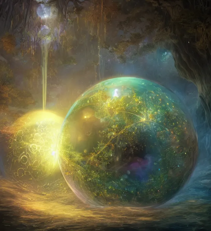 Prompt: a magical and exquisite fantasy illustration of an intricate and faceted crystal ball with a world inside of it + in water + prism + god rays + dramatic lightning + backlit + specular highlights + ambient occlusion + global illumination + bump map + reflective + caustics + refractive + unreal engine 5 + DOF + sharp focus, digital artwork by Peter Mohrbacher + Ash Thorp + Greg Rutkowski
