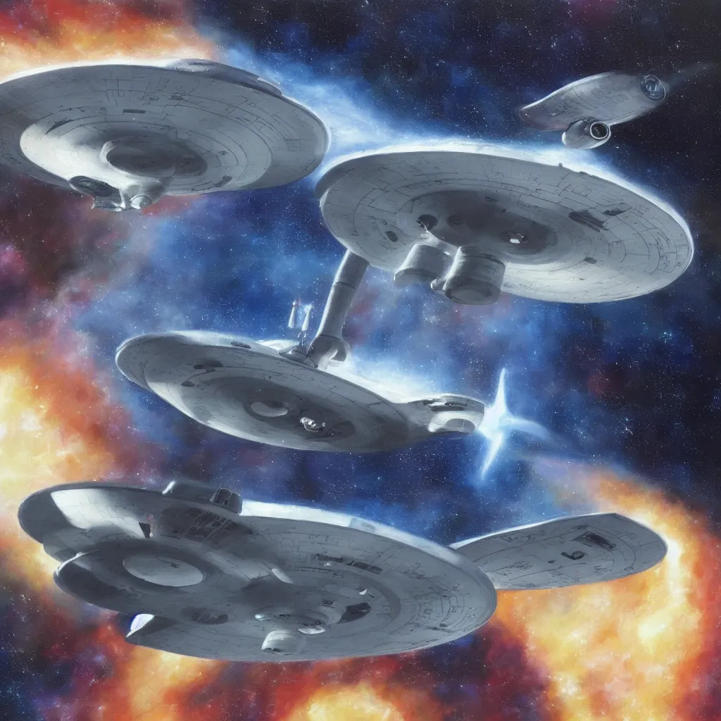 Prompt: oil painting of the uss enterprise ncc - 1 7 0 1 e, star trek enterprise, digital art, trending on artstation, beautiful, space, oil painting