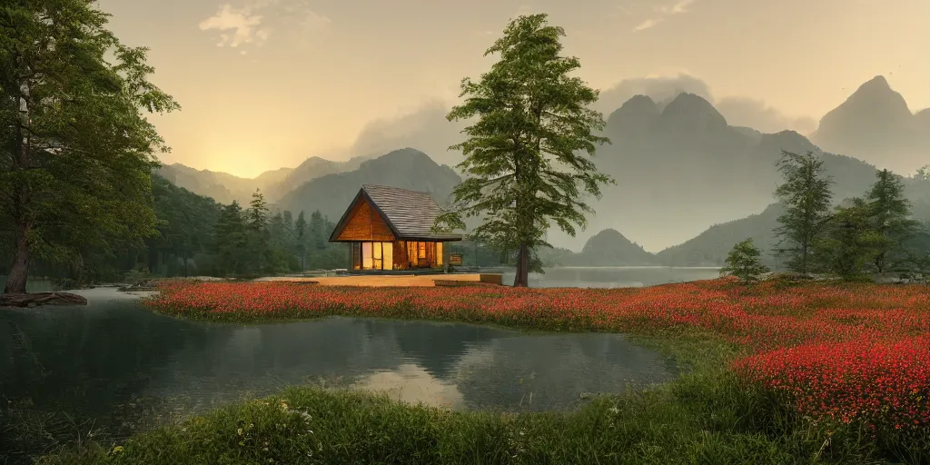 Prompt: a serene landscape with a singular building near a lake at sunrise, forest, mountains, clouds in the sky, concept art, octane render, unreal engine 5, trending on DeviantArt, highly detailed, high quality, 4K, low contrast, path traced, godrays, bloom, Ferdinand Knab, beautiful landscape, red flowers, trending on Artstation, soft lighting, hyperrealistic, digital art