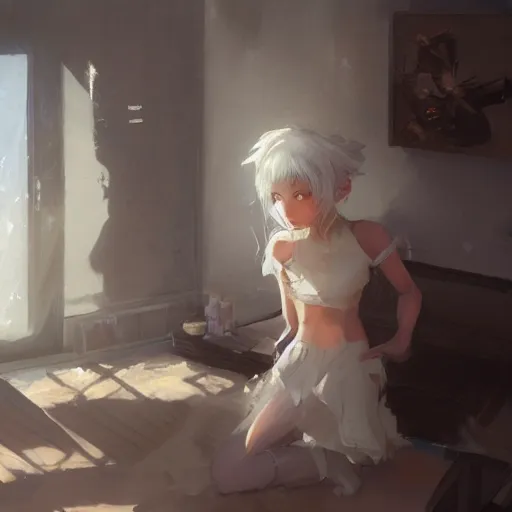 Prompt: a young girl white hair in front of a fan of her bedroom, in a heat day, by dustin nguyen, akihiko yoshida, greg tocchini, greg rutkowski, cliff chiang, 4 k resolution, trending on artstation