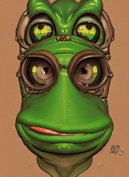 Image similar to portrait of Pepe the Frog, highly detailed, centered, solid color background, digital painting, artstation, concept art, smooth, sharp focus, vintage grainy 1970s illustration, Basil Gogos, donato giancola, Joseph Christian Leyendecker, Les Edwards, Ed Repka, Wayne Barlowe,